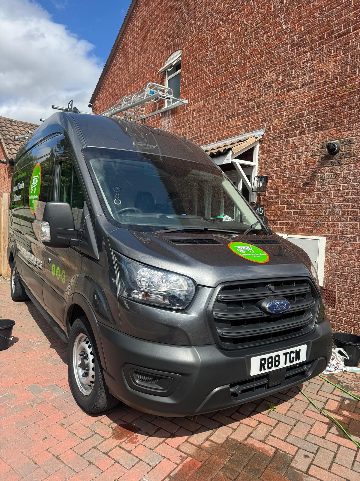 Gardening services van detailed exterior, front view